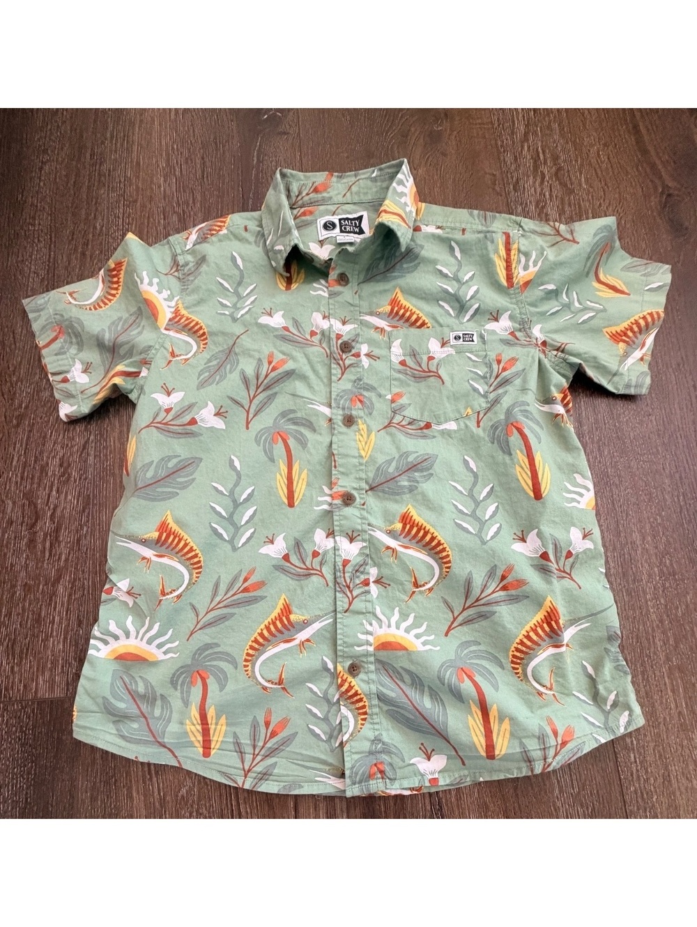 Salty Crew Boys Tropical Fishing Button Up Shirt Green Size Large